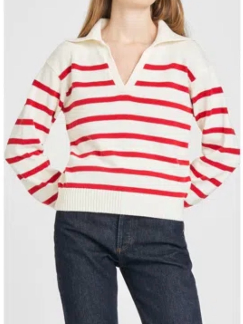 NWOT Wayf White and Red Striped V-Neck Johnny Collar Sweater Sz XL